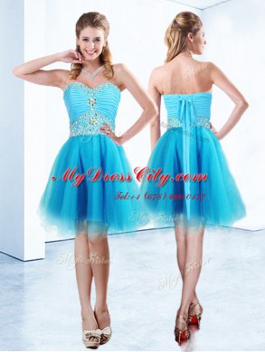 Popular Blue Organza Lace Up Prom Party Dress Sleeveless Knee Length Beading and Ruching