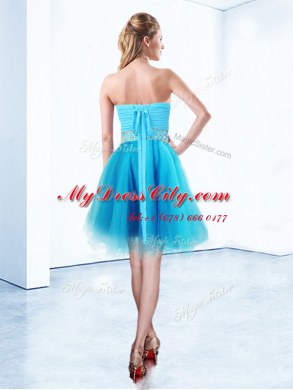 Popular Blue Organza Lace Up Prom Party Dress Sleeveless Knee Length Beading and Ruching