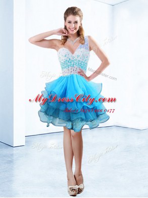 One Shoulder Ruffled Knee Length A-line Sleeveless Aqua Blue Prom Dresses Criss Cross