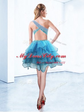 One Shoulder Ruffled Knee Length A-line Sleeveless Aqua Blue Prom Dresses Criss Cross