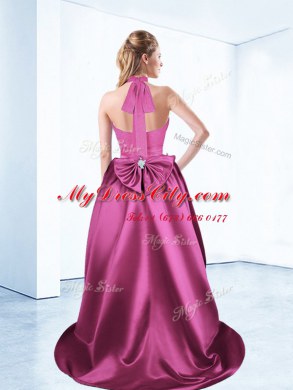 Noble Halter Top Sleeveless Zipper High Low Ruching and Bowknot and Belt Prom Gown