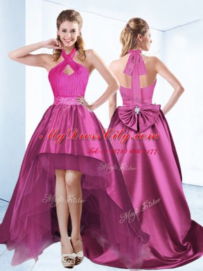 Noble Halter Top Sleeveless Zipper High Low Ruching and Bowknot and Belt Prom Gown