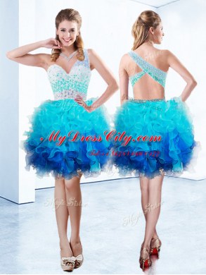 Hot Selling One Shoulder Aqua Blue Sleeveless Beading and Ruffles Knee Length Evening Dress