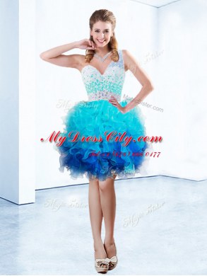 Hot Selling One Shoulder Aqua Blue Sleeveless Beading and Ruffles Knee Length Evening Dress