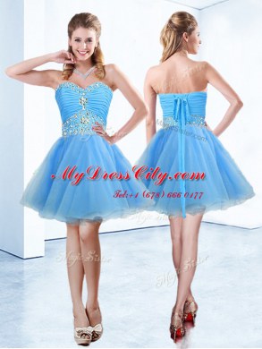 Glorious Sleeveless Mini Length Beading and Ruching Lace Up Dress for Prom with Blue