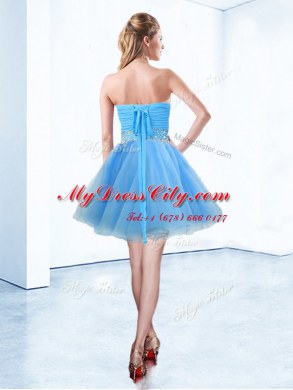 Glorious Sleeveless Mini Length Beading and Ruching Lace Up Dress for Prom with Blue