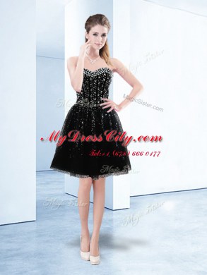 Sequins A-line Prom Dress Black Sweetheart Tulle Sleeveless Knee Length Lace Up