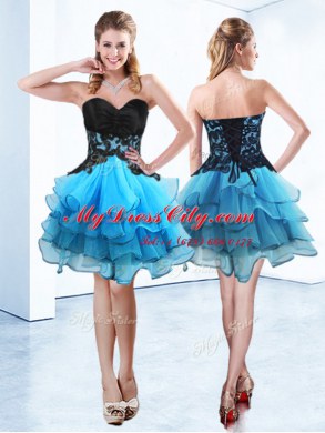 Sleeveless Organza Mini Length Lace Up in Blue And Black with Ruffled Layers