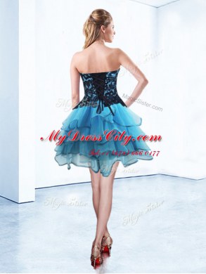 Sleeveless Organza Mini Length Lace Up in Blue And Black with Ruffled Layers