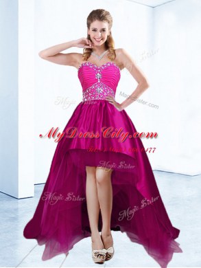 New Style Beading and Ruching Homecoming Dresses Fuchsia Lace Up Sleeveless With Brush Train