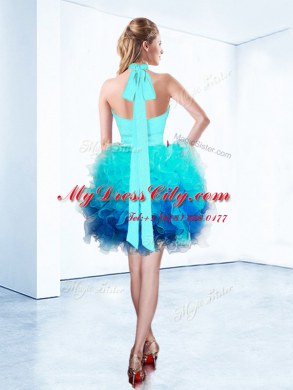 Designer Halter Top Sleeveless Knee Length Ruffles and Ruching and Belt Zipper Prom Dress with Aqua Blue