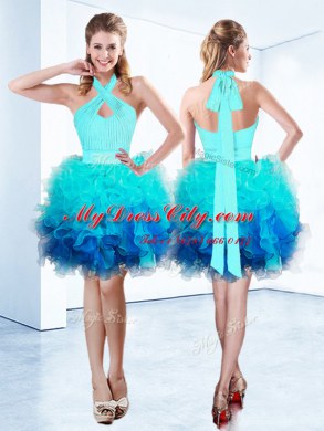 Designer Halter Top Sleeveless Knee Length Ruffles and Ruching and Belt Zipper Prom Dress with Aqua Blue