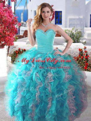 New Style Three Piece White and Baby Blue Sleeveless Beading Floor Length Quinceanera Gown