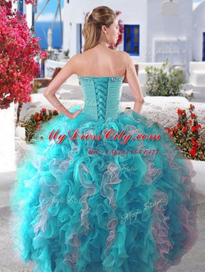 New Style Three Piece White and Baby Blue Sleeveless Beading Floor Length Quinceanera Gown