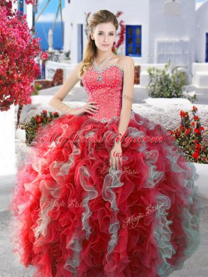 Delicate Three Piece Sweetheart Sleeveless Lace Up Quinceanera Dress White and Red Organza