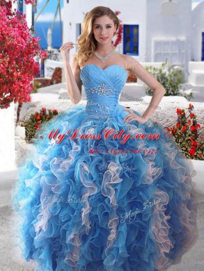 Three Piece Ball Gowns Quinceanera Gowns Blue And White Sweetheart Organza Sleeveless Floor Length Lace Up