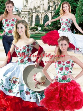 Beautiful Four Piece Ball Gowns Ball Gown Prom Dress White And Red Sweetheart Satin and Organza Sleeveless Floor Length Lace Up