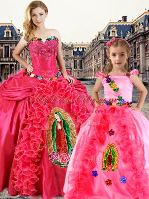 Cheap Beading and Embroidery and Ruffles Sweet 16 Dress Coral Red Lace Up Sleeveless Floor Length