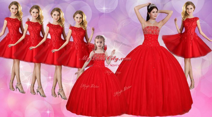 Strapless Sleeveless Lace Up Sweet 16 Quinceanera Dress Red Tulle