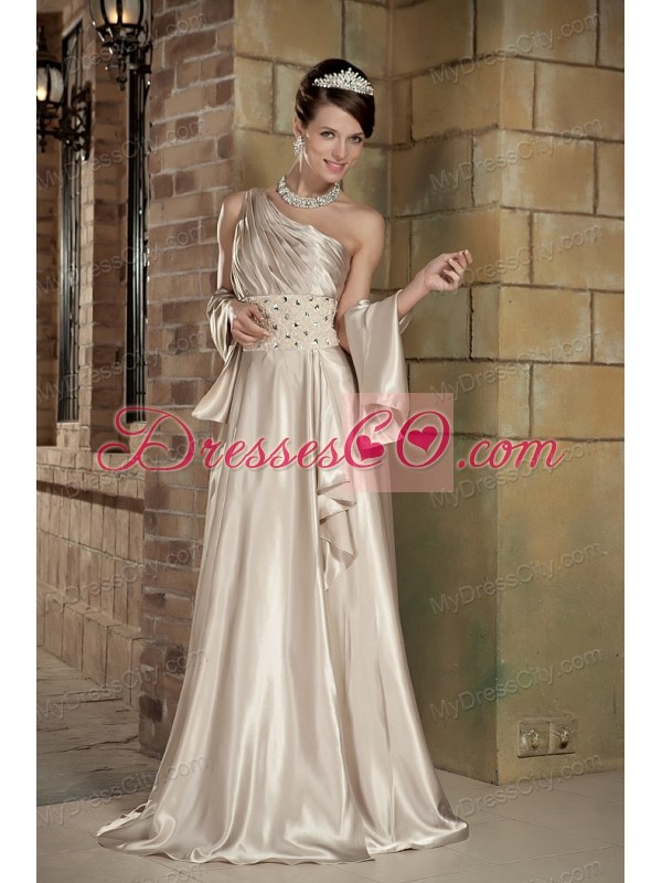 One Shoulder Empire Champagne Prom Dress Beading Brush Train