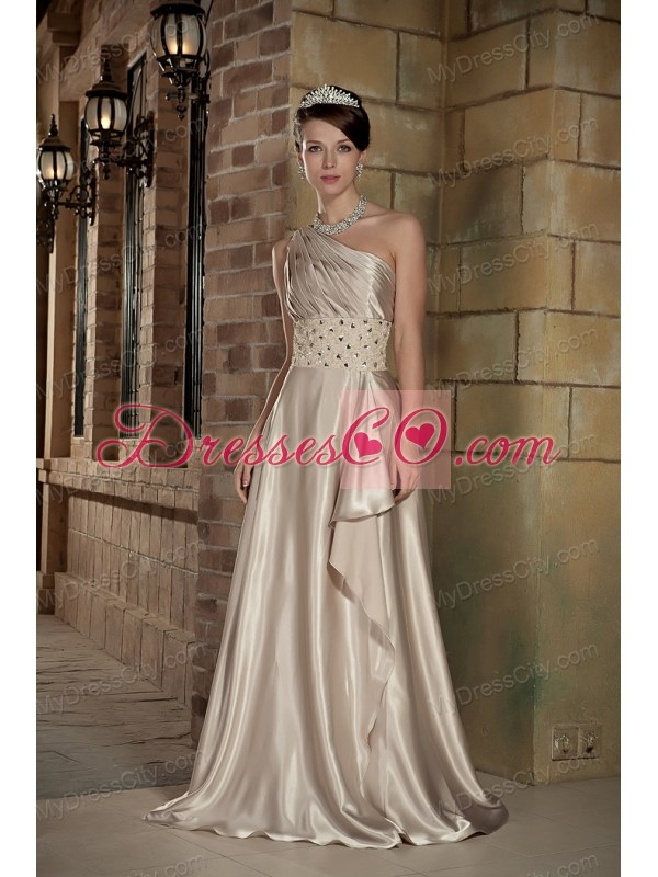 One Shoulder Empire Champagne Prom Dress Beading Brush Train