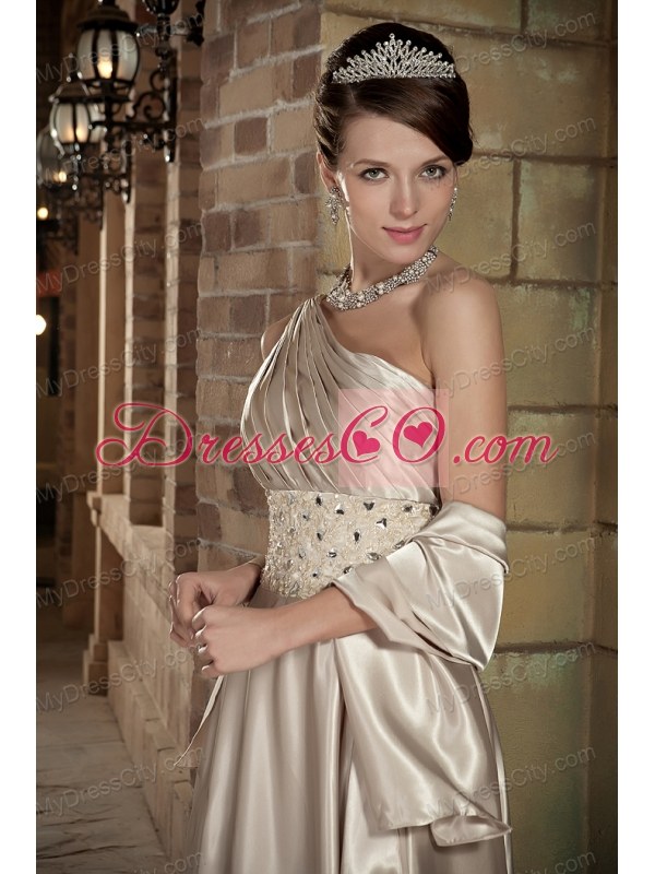 One Shoulder Empire Champagne Prom Dress Beading Brush Train