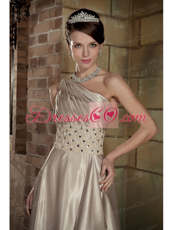 One Shoulder Empire Champagne Prom Dress Beading Brush Train