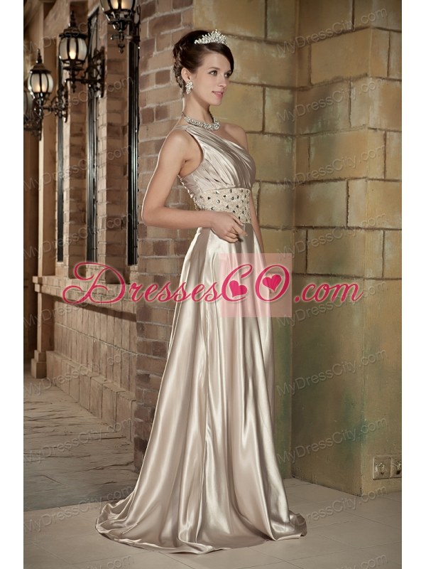 One Shoulder Empire Champagne Prom Dress Beading Brush Train