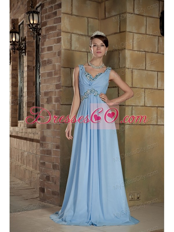 Empire V-neck Beaded Brush Train Chiffon Light Blue Prom Dresses