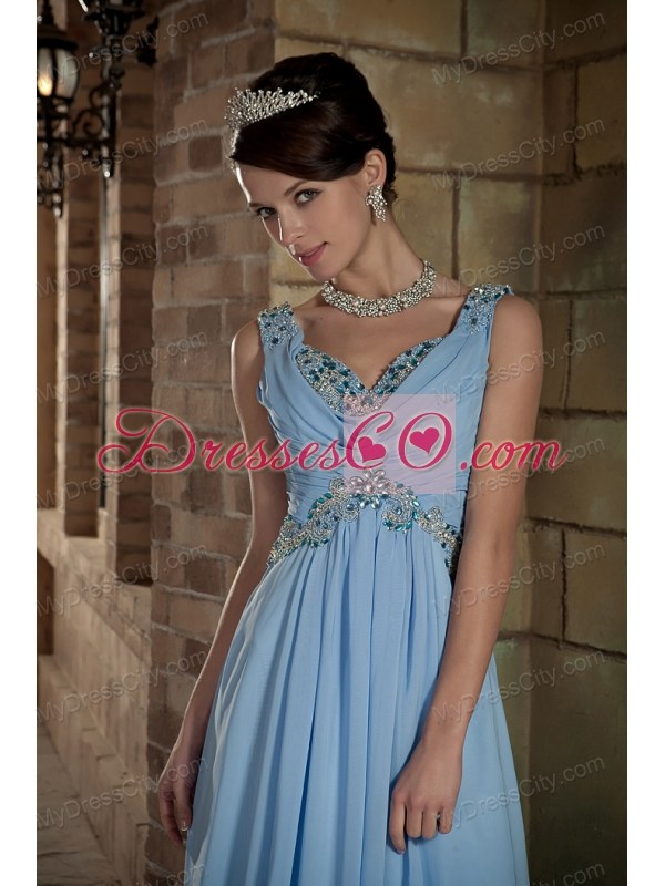 Empire V-neck Beaded Brush Train Chiffon Light Blue Prom Dresses