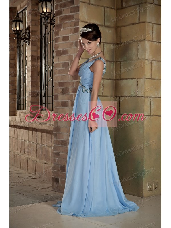 Empire V-neck Beaded Brush Train Chiffon Light Blue Prom Dresses