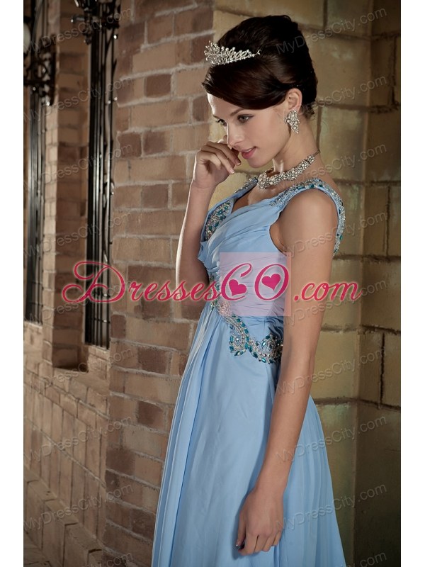 Empire V-neck Beaded Brush Train Chiffon Light Blue Prom Dresses