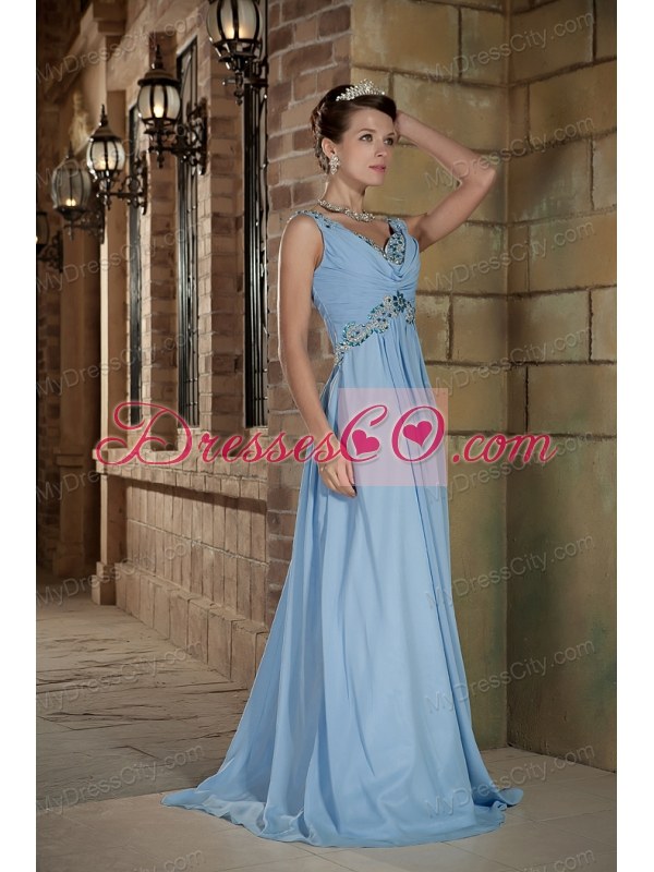 Empire V-neck Beaded Brush Train Chiffon Light Blue Prom Dresses