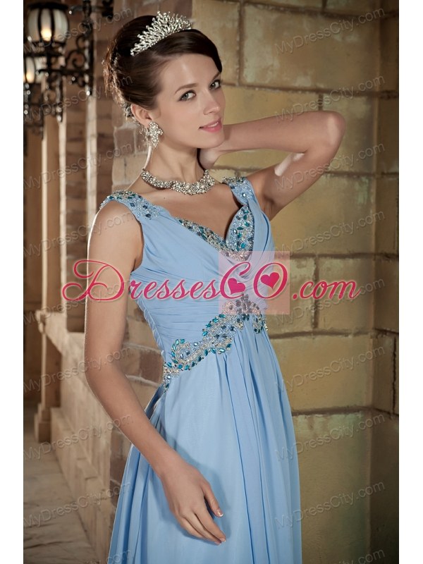 Empire V-neck Beaded Brush Train Chiffon Light Blue Prom Dresses