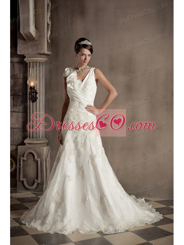 A-line V-neck Appliques and Hand Made Flowers Wedding Dress