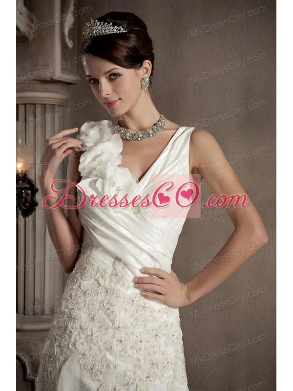 A-line V-neck Appliques and Hand Made Flowers Wedding Dress