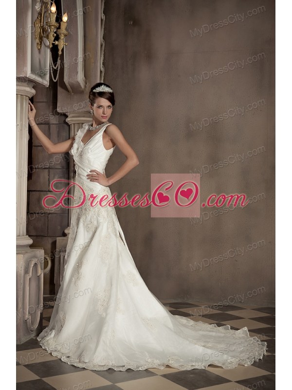 A-line V-neck Appliques and Hand Made Flowers Wedding Dress