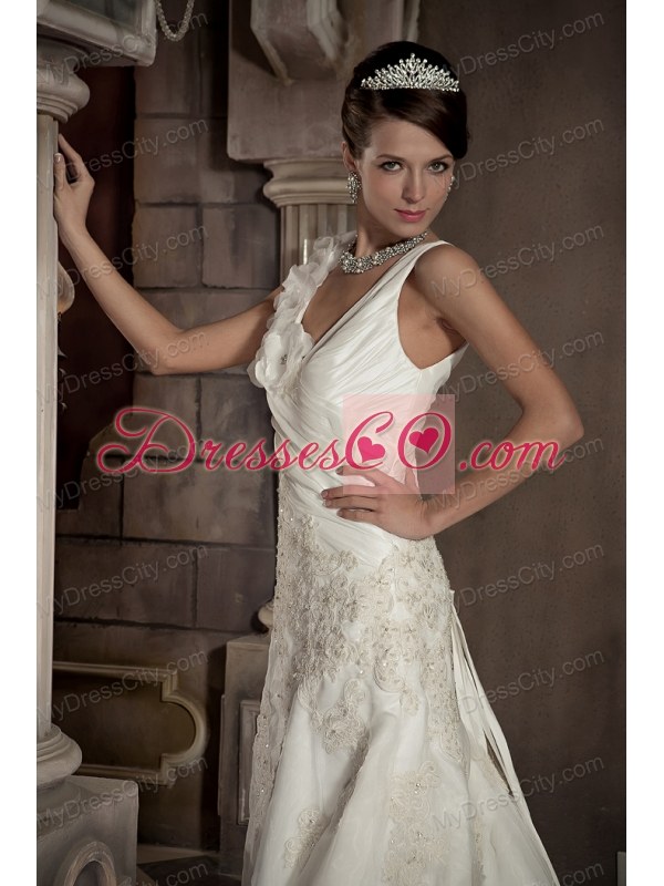 A-line V-neck Appliques and Hand Made Flowers Wedding Dress