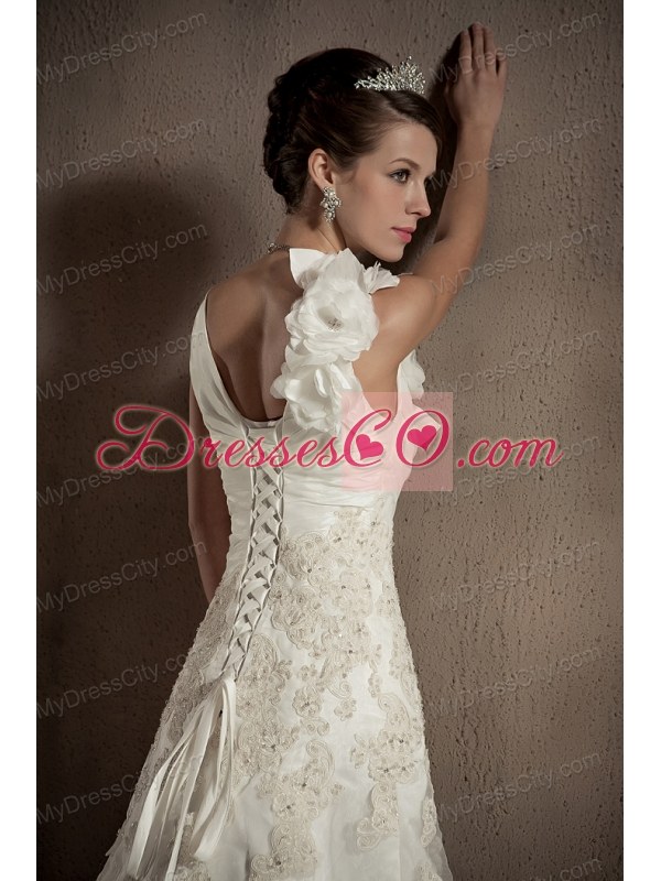 A-line V-neck Appliques and Hand Made Flowers Wedding Dress