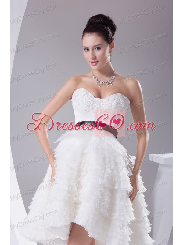 A-line / Princess Ruffled Layers Knee-length Sash Wedding Dress