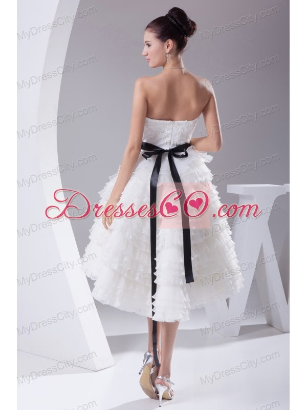 A-line / Princess Ruffled Layers Knee-length Sash Wedding Dress