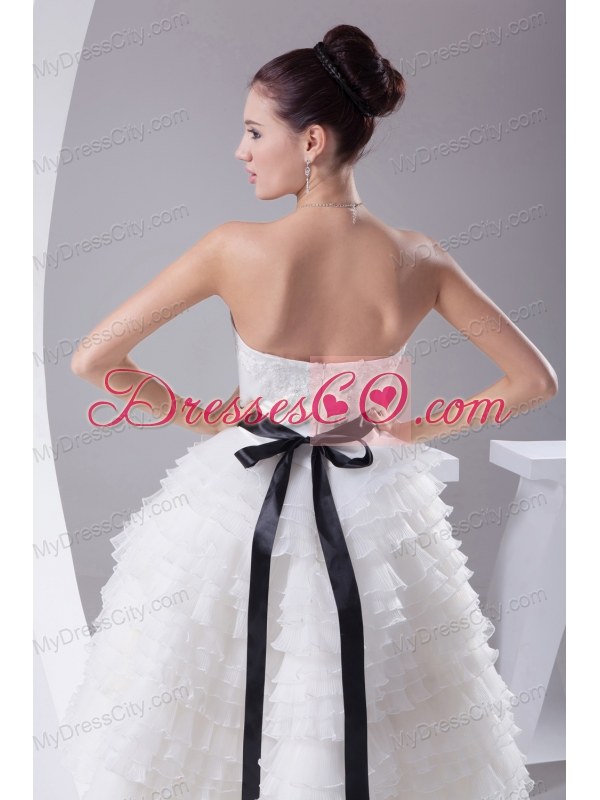 A-line / Princess Ruffled Layers Knee-length Sash Wedding Dress