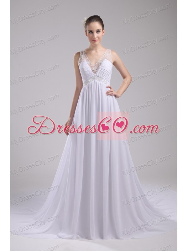 A-line V-neck Ruching Beading Wedding Dress