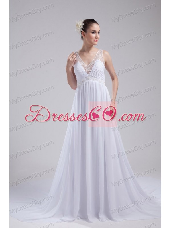 A-line V-neck Ruching Beading Wedding Dress