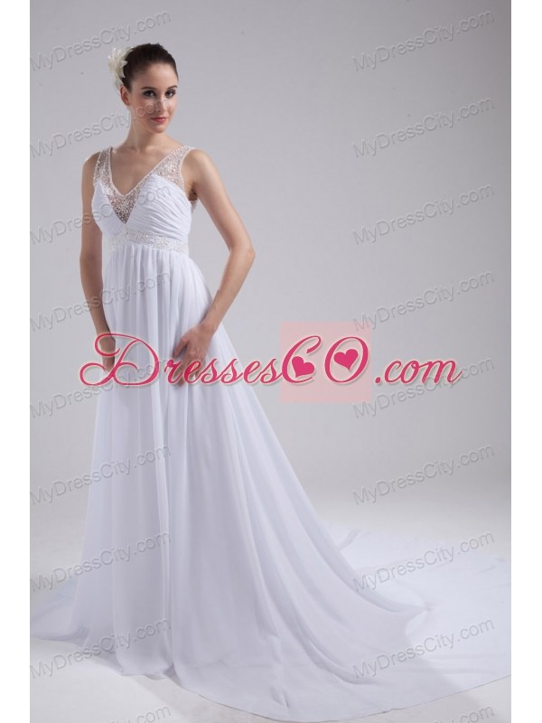 A-line V-neck Ruching Beading Wedding Dress