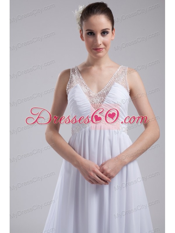 A-line V-neck Ruching Beading Wedding Dress