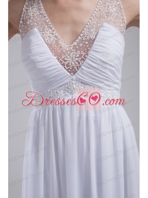 A-line V-neck Ruching Beading Wedding Dress