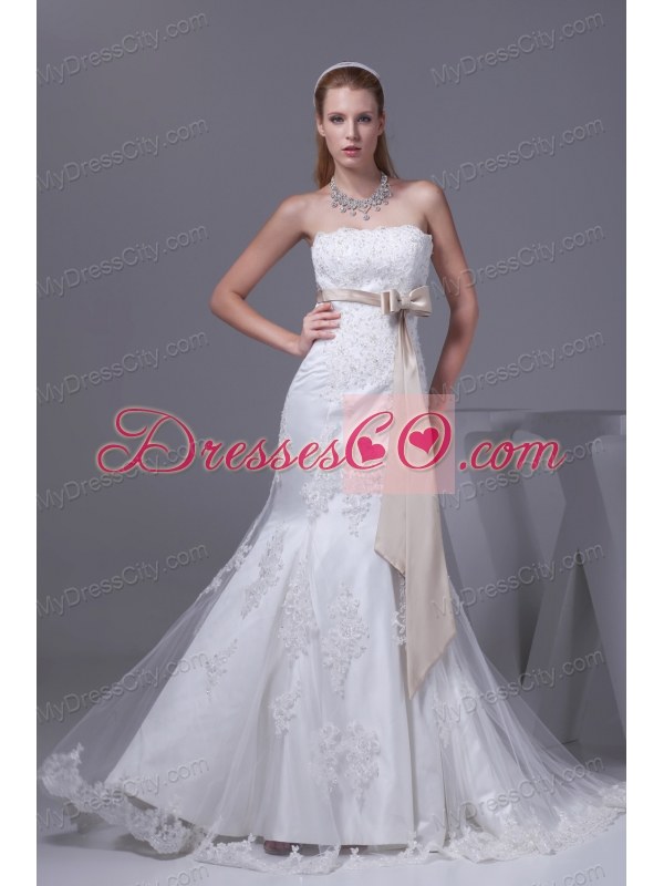 Lace Sash Strapless Mermaid Court Train Wedding Dress