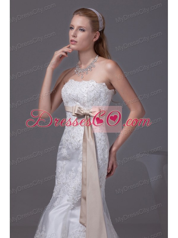 Lace Sash Strapless Mermaid Court Train Wedding Dress