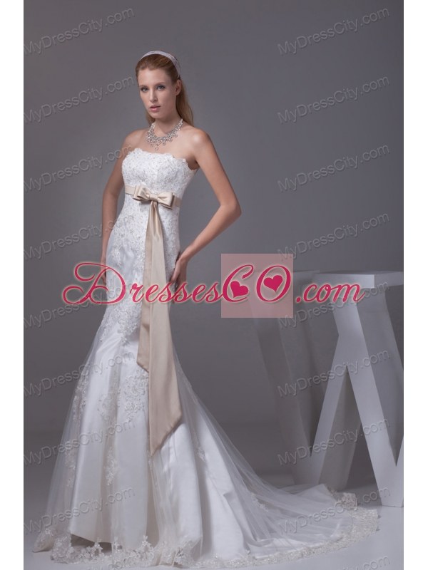 Lace Sash Strapless Mermaid Court Train Wedding Dress